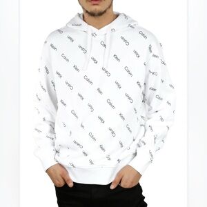 Calvin Klein Hoodie Mens Size Xtra Large White Logo Pullover Fleece Sweatshirt